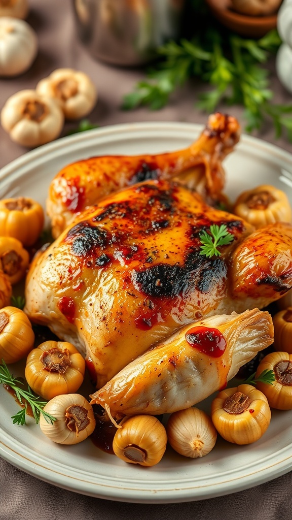 Roasted garlic chicken on a plate with garlic cloves and herbs, served in a rustic setting.